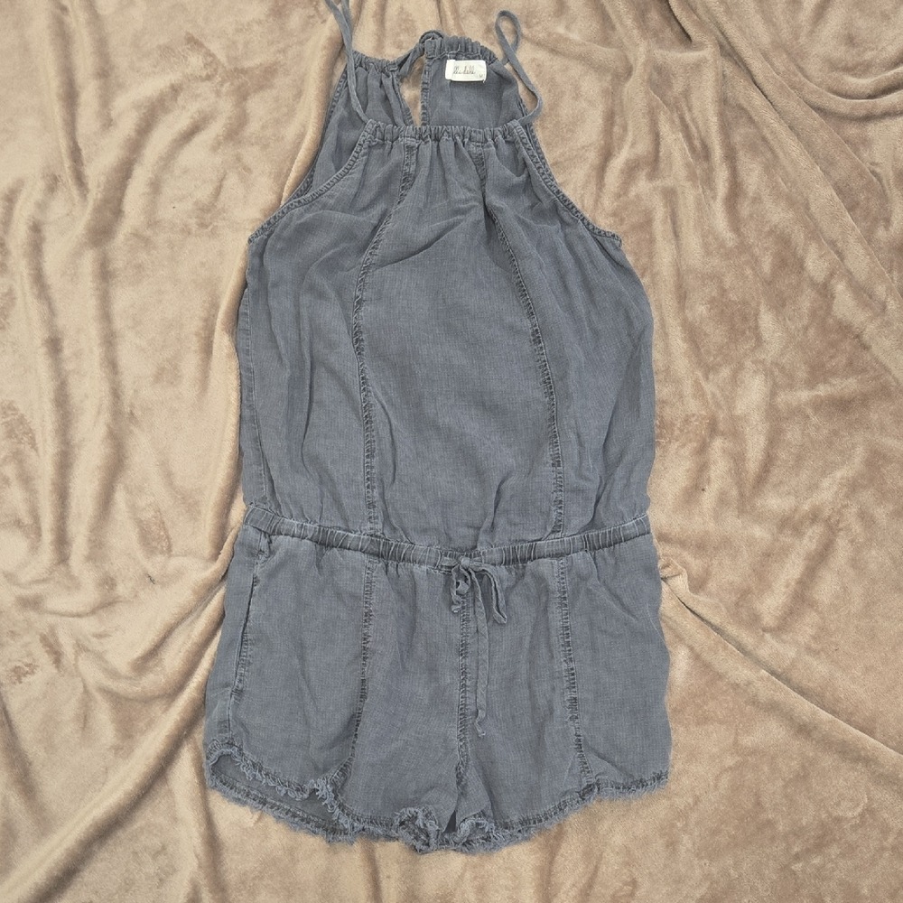 Bella Dahl Grey Halter Romper Drawstring Waist Frayed Hem Size M